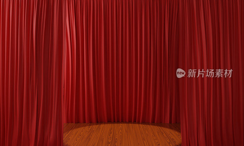 黑暗的房间里，红色的窗帘和聚光灯照射在木地板上。3 d渲染。
